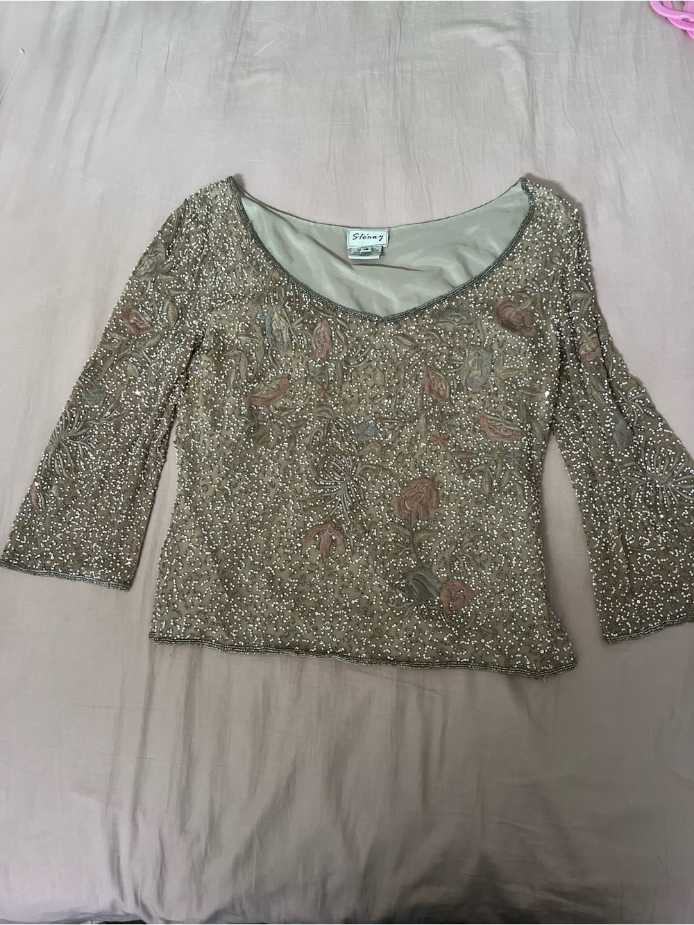 Stenay Beaded Gold Embellished Floral Scoop Neck Blouse